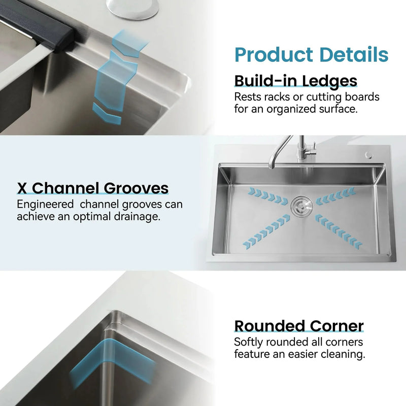 Stainless Steel Kitchen Sink Brushed Finish Top Mount 33x22 With Cutting Board