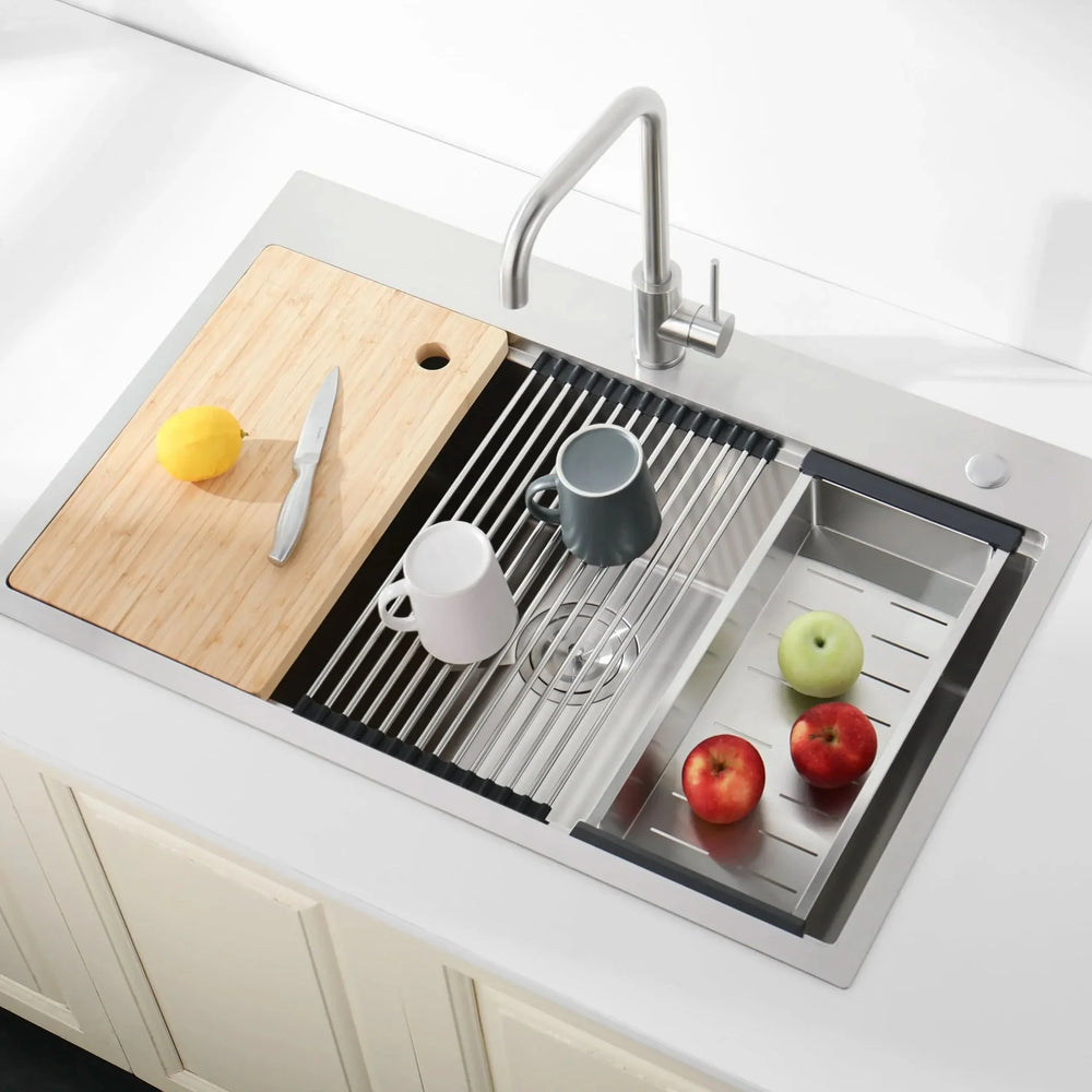 Stainless Steel Kitchen Sink Brushed Finish Top Mount 33x22 With Cutting Board Media 8