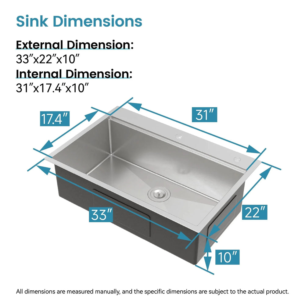 Stainless Steel Kitchen Sink Brushed Finish Top Mount 33x22 With Cutting Board Media 9