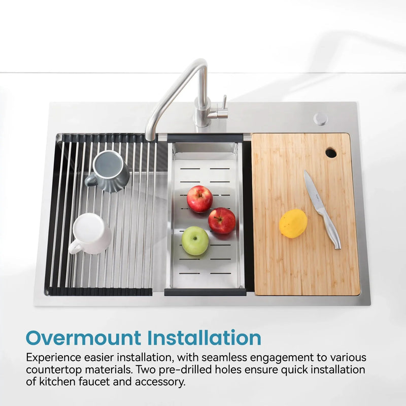 Stainless Steel Kitchen Sink Brushed Finish Top Mount 33x22 With Cutting Board