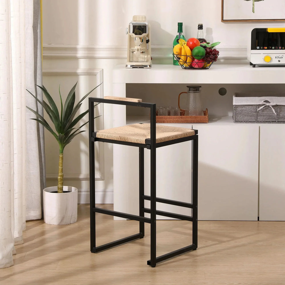 Bar Stools Paper Rope Seat Backrest Set 2 Natural Metal Frame For Kitchen Media 6