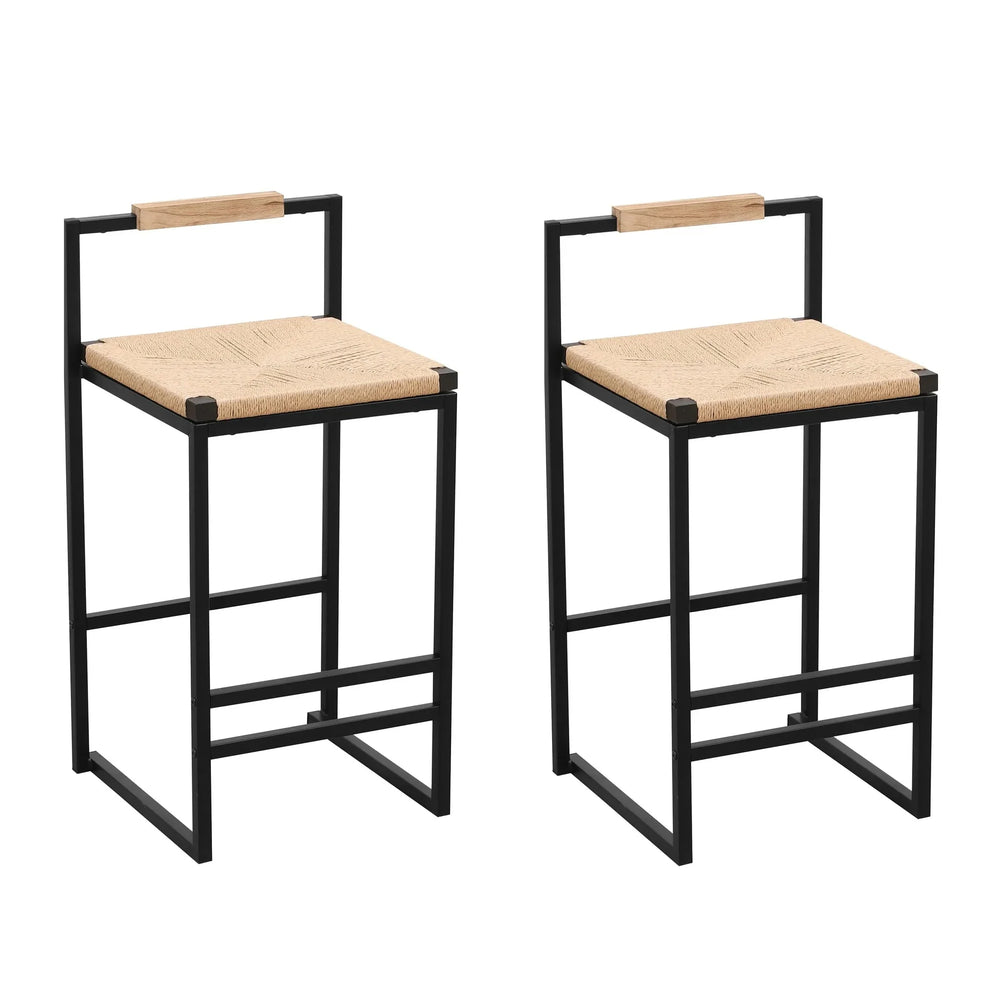 Bar Stools Paper Rope Seat Backrest Set 2 Natural Metal Frame For Kitchen Media 1