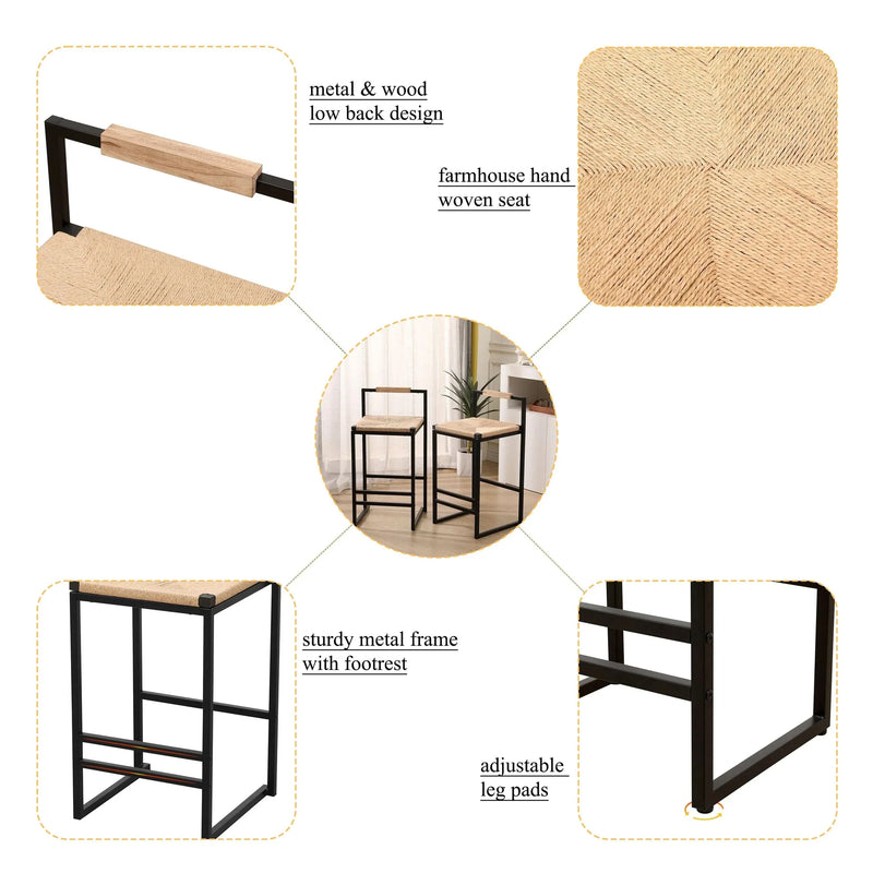 Bar Stools Paper Rope Seat Backrest Set 2 Natural Metal Frame For Kitchen