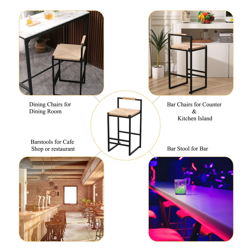 Bar Stools Paper Rope Seat Backrest Set 2 Natural Metal Frame For Kitchen