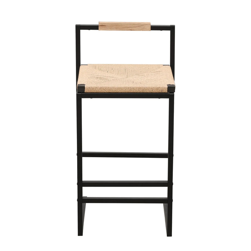 Bar Stools Paper Rope Seat Backrest Set 2 Natural Metal Frame For Kitchen