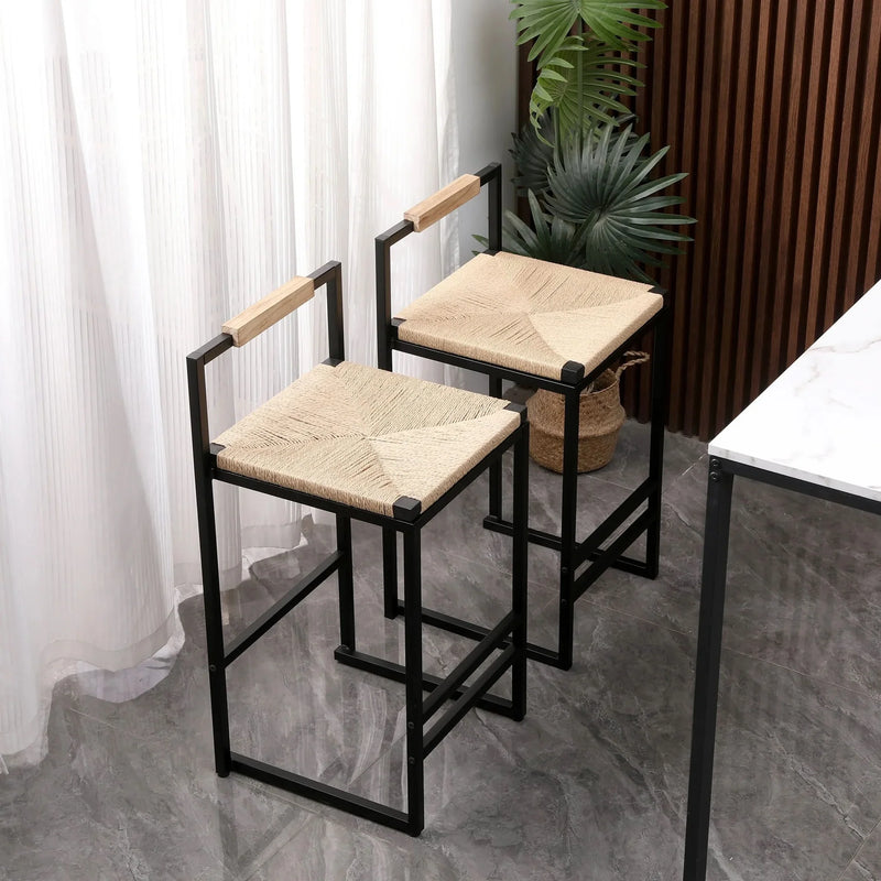 Bar Stools Paper Rope Seat Backrest Set 2 Natural Metal Frame For Kitchen
