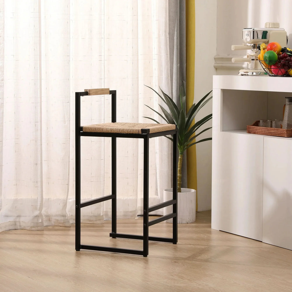 Bar Stools Paper Rope Seat Backrest Set 2 Natural Metal Frame For Kitchen Media 4