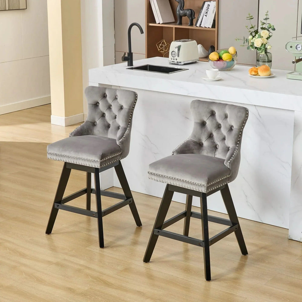 Bar Stools Velvet Swivel Tufted Chairs Gray With Wooden Legs & Nailhead Trim Media 15