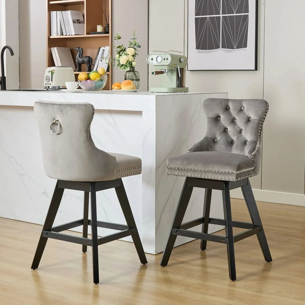 Bar Stools Velvet Swivel Tufted Chairs Gray With Wooden Legs & Nailhead Trim Media 1