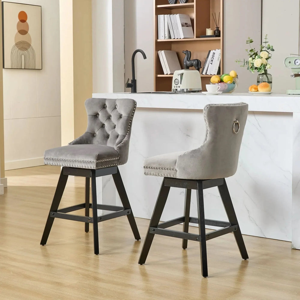 Bar Stools Velvet Swivel Tufted Chairs Gray With Wooden Legs & Nailhead Trim Media 16