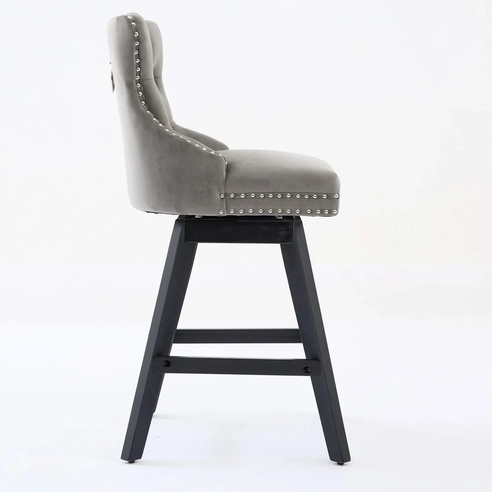 Bar Stools Velvet Swivel Tufted Chairs Gray With Wooden Legs & Nailhead Trim Media 5