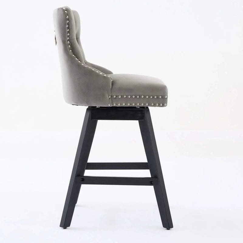 Bar Stools Velvet Swivel Tufted Chairs Gray With Wooden Legs & Nailhead Trim