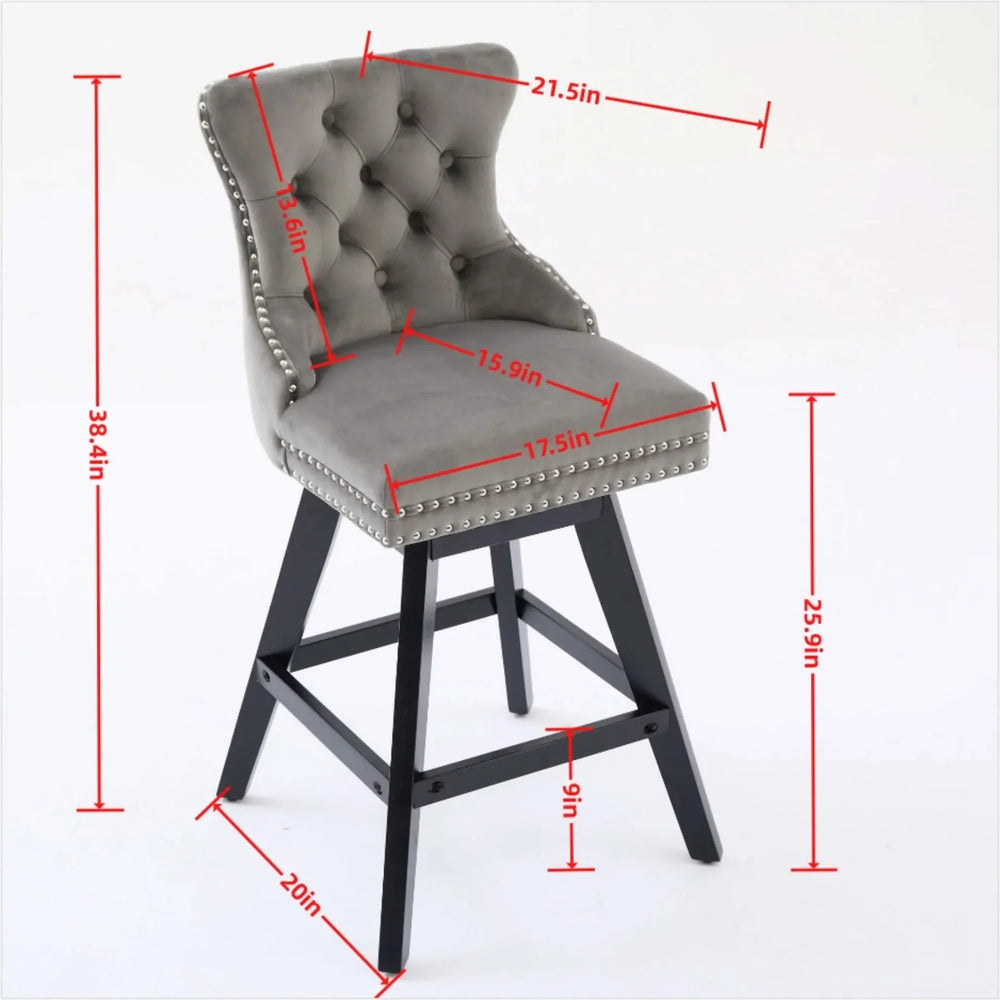 Bar Stools Velvet Swivel Tufted Chairs Gray With Wooden Legs & Nailhead Trim Media 8