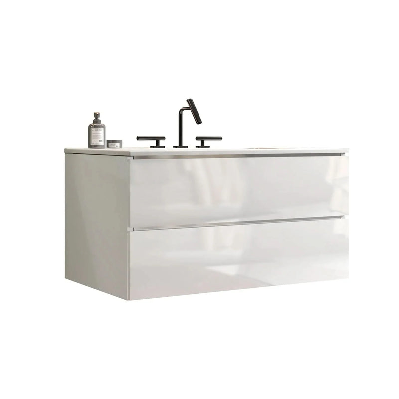 Bathroom Vanity Ceramic Sink Glossy White Wall Mount Modern Storage
