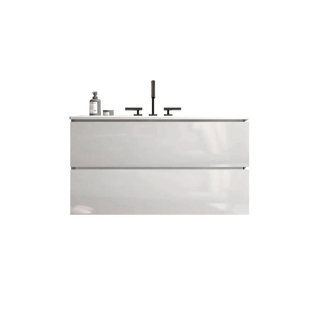 Bathroom Vanity Ceramic Sink Glossy White Wall Mount Modern Storage Media 1