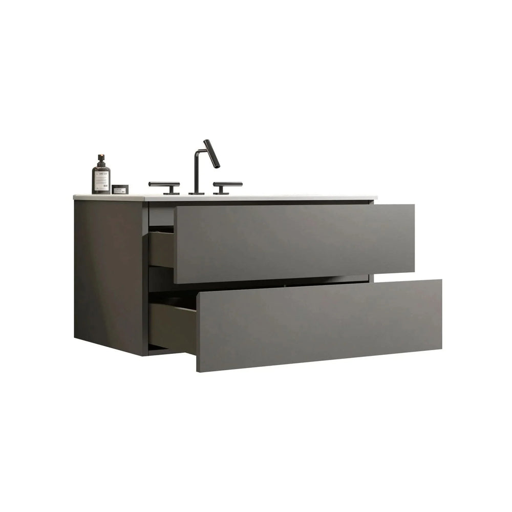 TIA 36' Wall Mount Space Grey Bathroom Vanity with Ceramic Sink with Three Faucet Holes, Large Storage Floating Bathroom Vanity for Modern Bathroom, Pre-assembled - DTY Store