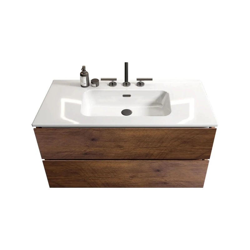 Wall Mount Bathroom Vanity Ceramic Sink Walnut Cabinet Storage Floating