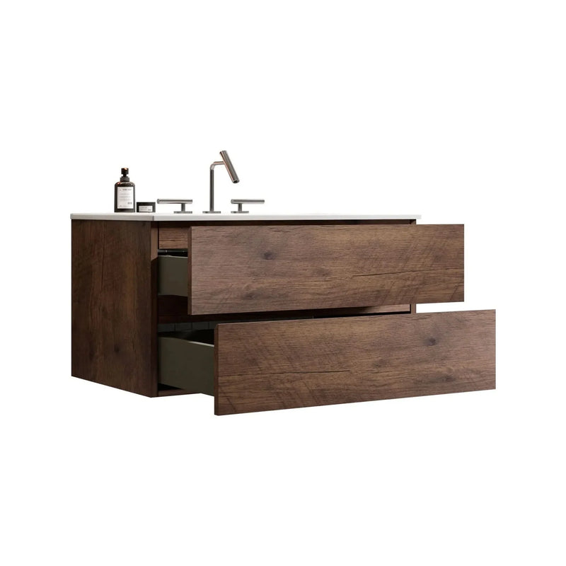 Wall Mount Bathroom Vanity Ceramic Sink Walnut Cabinet Storage Floating
