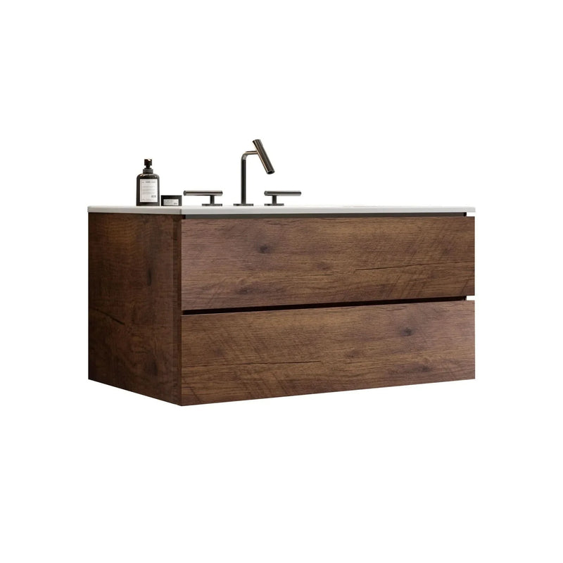 Wall Mount Bathroom Vanity Ceramic Sink Walnut Cabinet Storage Floating