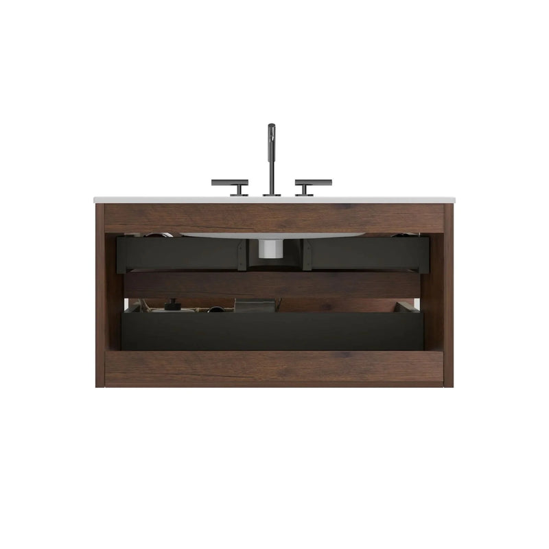 Wall Mount Bathroom Vanity Ceramic Sink Walnut Cabinet Storage Floating