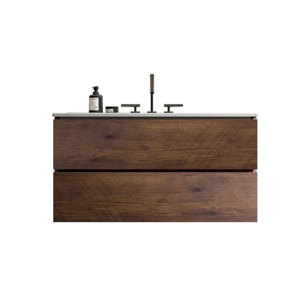 Wall Mount Bathroom Vanity Ceramic Sink Walnut Cabinet Storage Floating Media 1