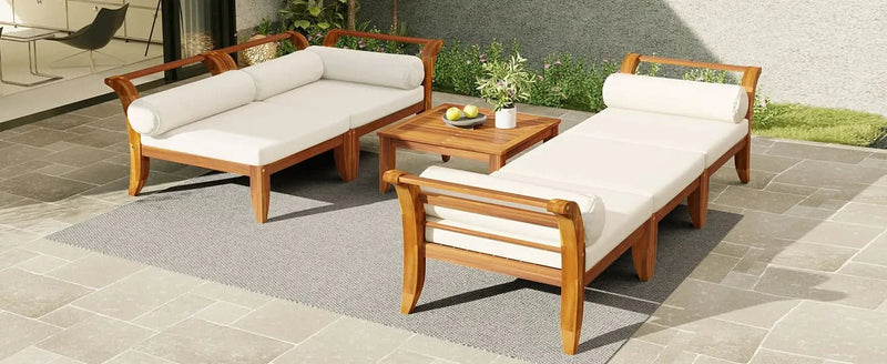 Acacia Wood Outdoor Sectional 6 Piece Convertible Casual Daybed Set