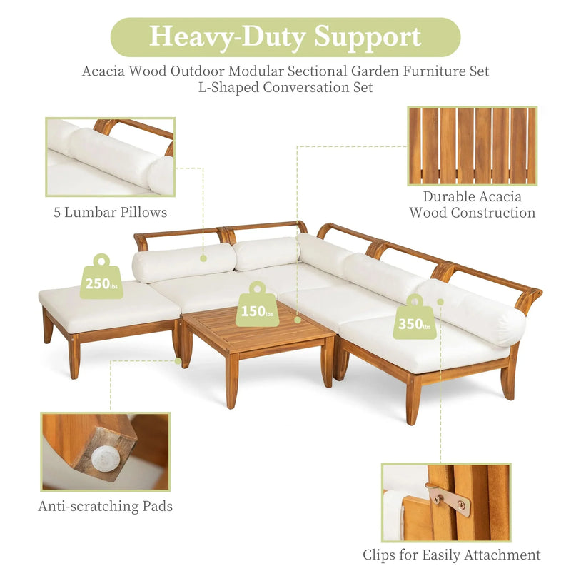 Acacia Wood Outdoor Sectional 6 Piece Convertible Casual Daybed Set