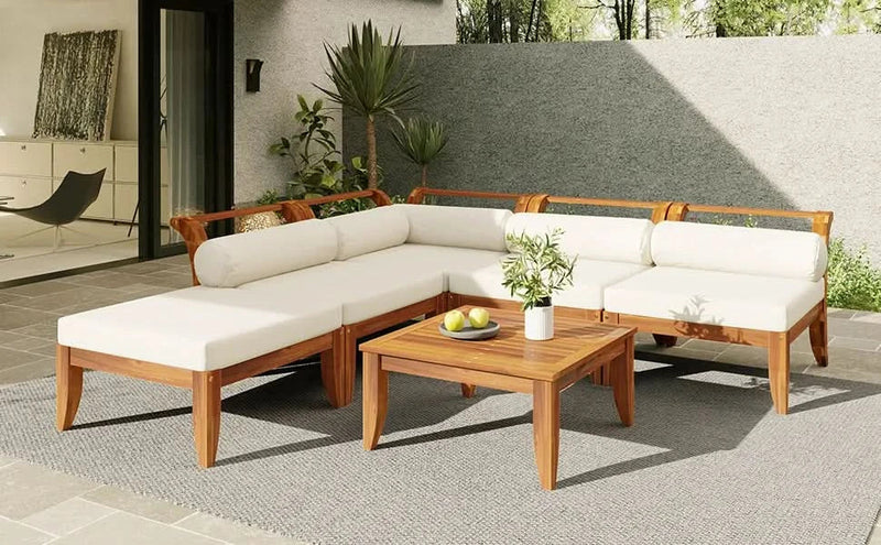 Acacia Wood Outdoor Sectional 6 Piece Convertible Casual Daybed Set