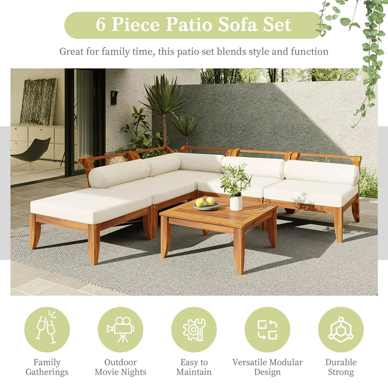 Acacia Wood Outdoor Sectional 6 Piece Convertible Casual Daybed Set