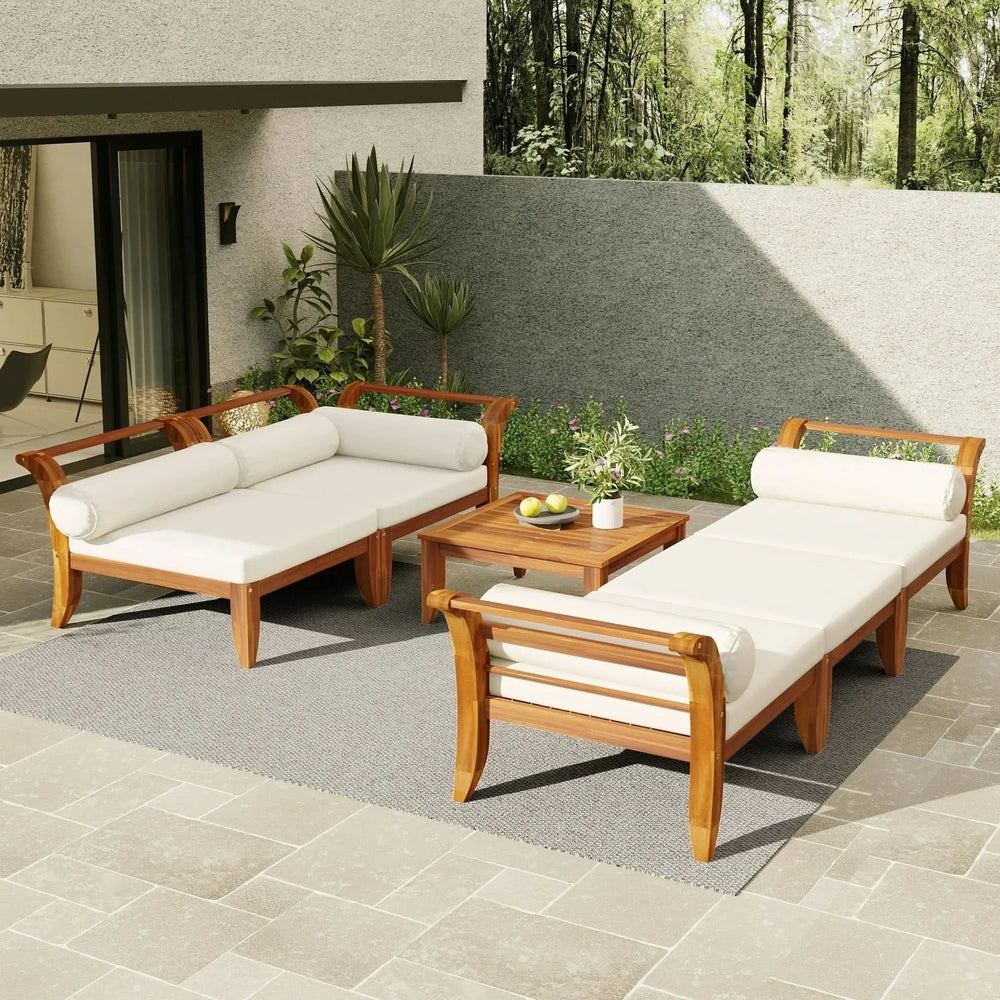Acacia Wood Outdoor Sectional 6 Piece Convertible Casual Daybed Set Media 4
