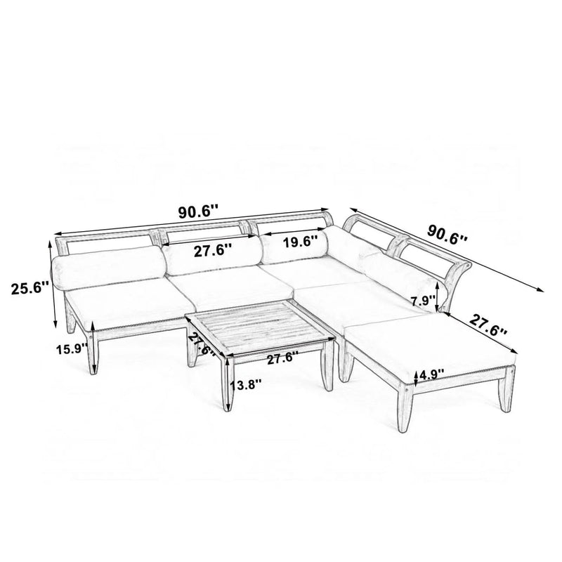 Acacia Wood Outdoor Sectional 6 Piece Convertible Casual Daybed Set