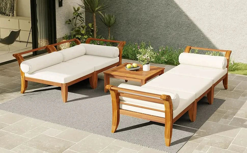 Acacia Wood Outdoor Sectional 6 Piece Convertible Casual Daybed Set