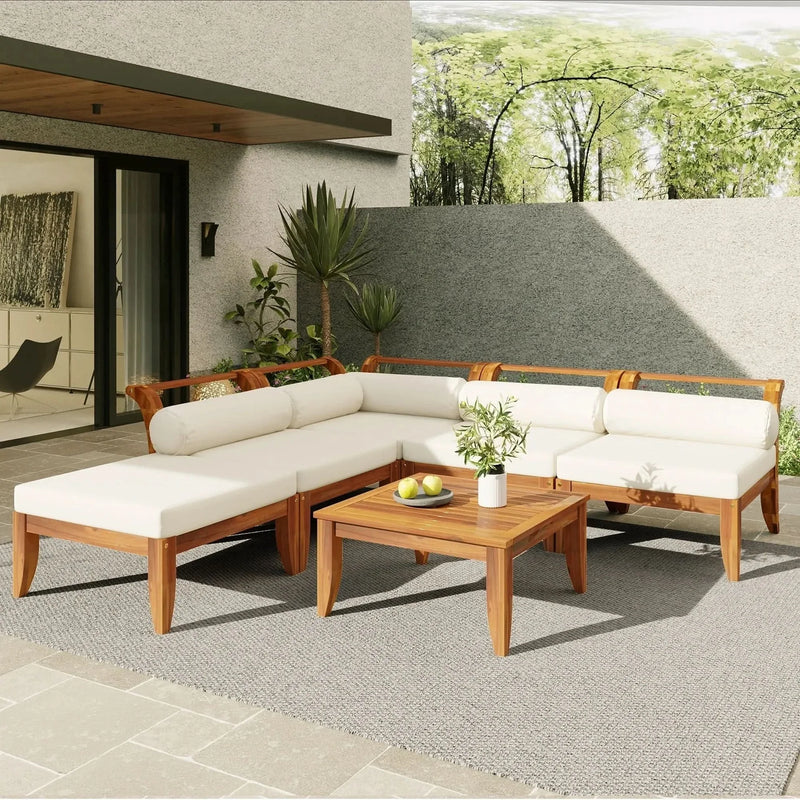 Acacia Wood Outdoor Sectional 6 Piece Convertible Casual Daybed Set