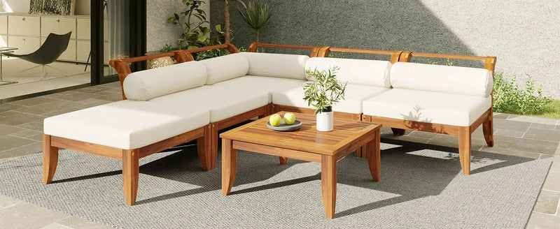 Acacia Wood Outdoor Sectional 6 Piece Convertible Casual Daybed Set