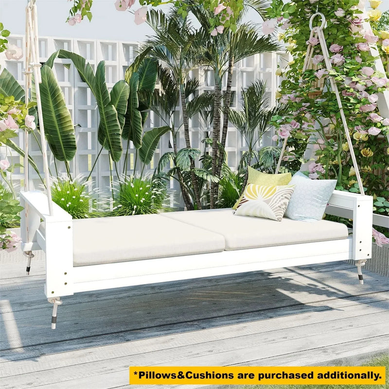 Porch Swing Bed Acacia Wood Frame Twin Size Outdoor Patio Lounge White
