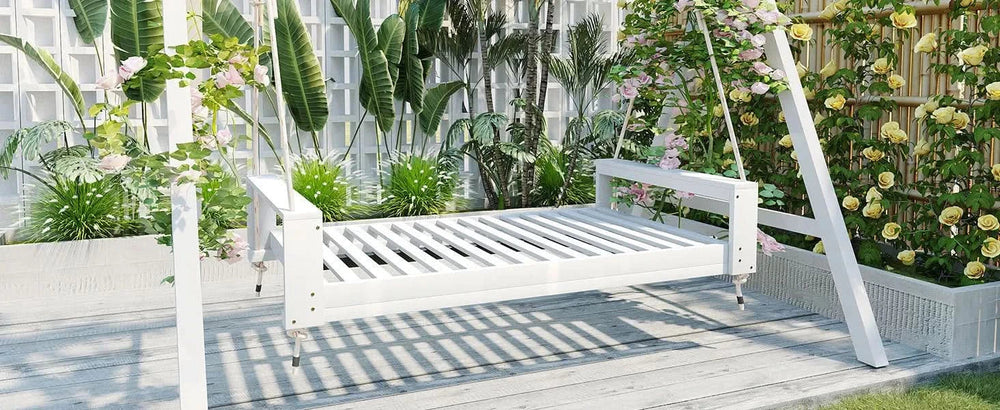 Porch Swing Bed Acacia Wood Frame Twin Size Outdoor Patio Lounge White Media 16