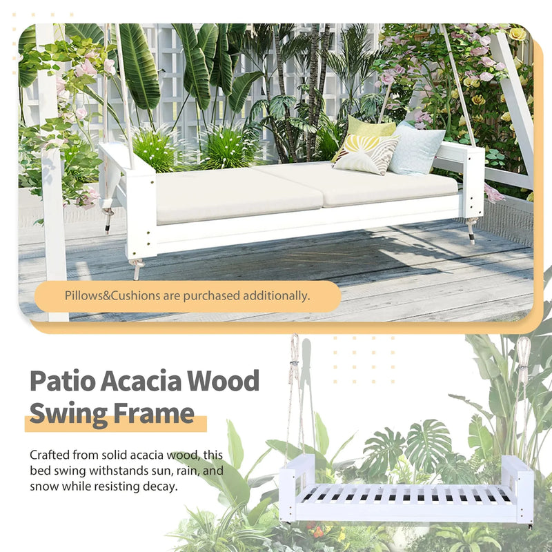 Porch Swing Bed Acacia Wood Frame Twin Size Outdoor Patio Lounge White