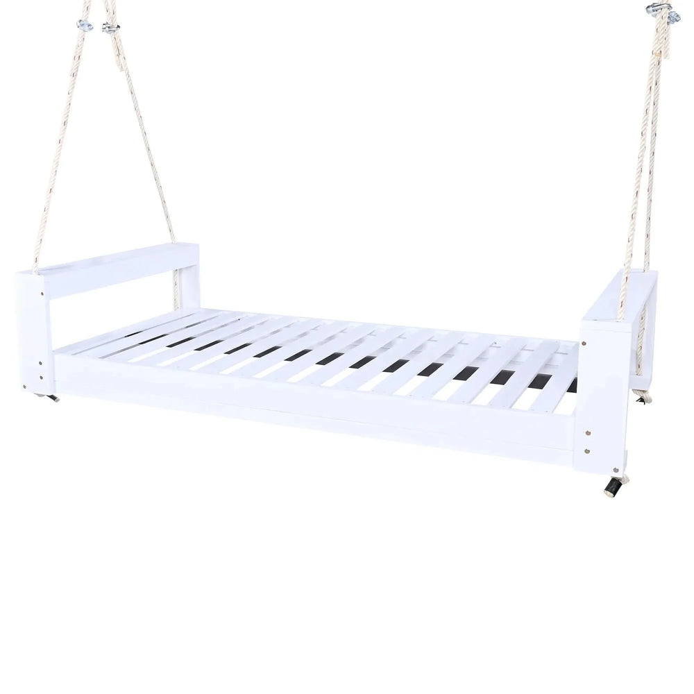 Porch Swing Bed Acacia Wood Frame Twin Size Outdoor Patio Lounge White Media 7
