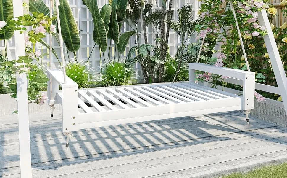 Porch Swing Bed Acacia Wood Frame Twin Size Outdoor Patio Lounge White Media 17