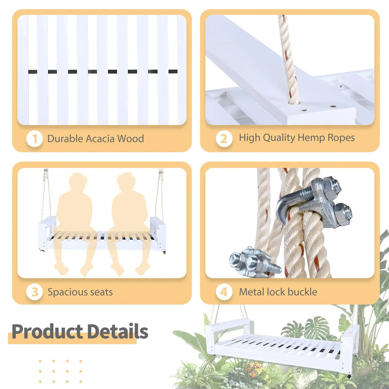 Porch Swing Bed Acacia Wood Frame Twin Size Outdoor Patio Lounge White