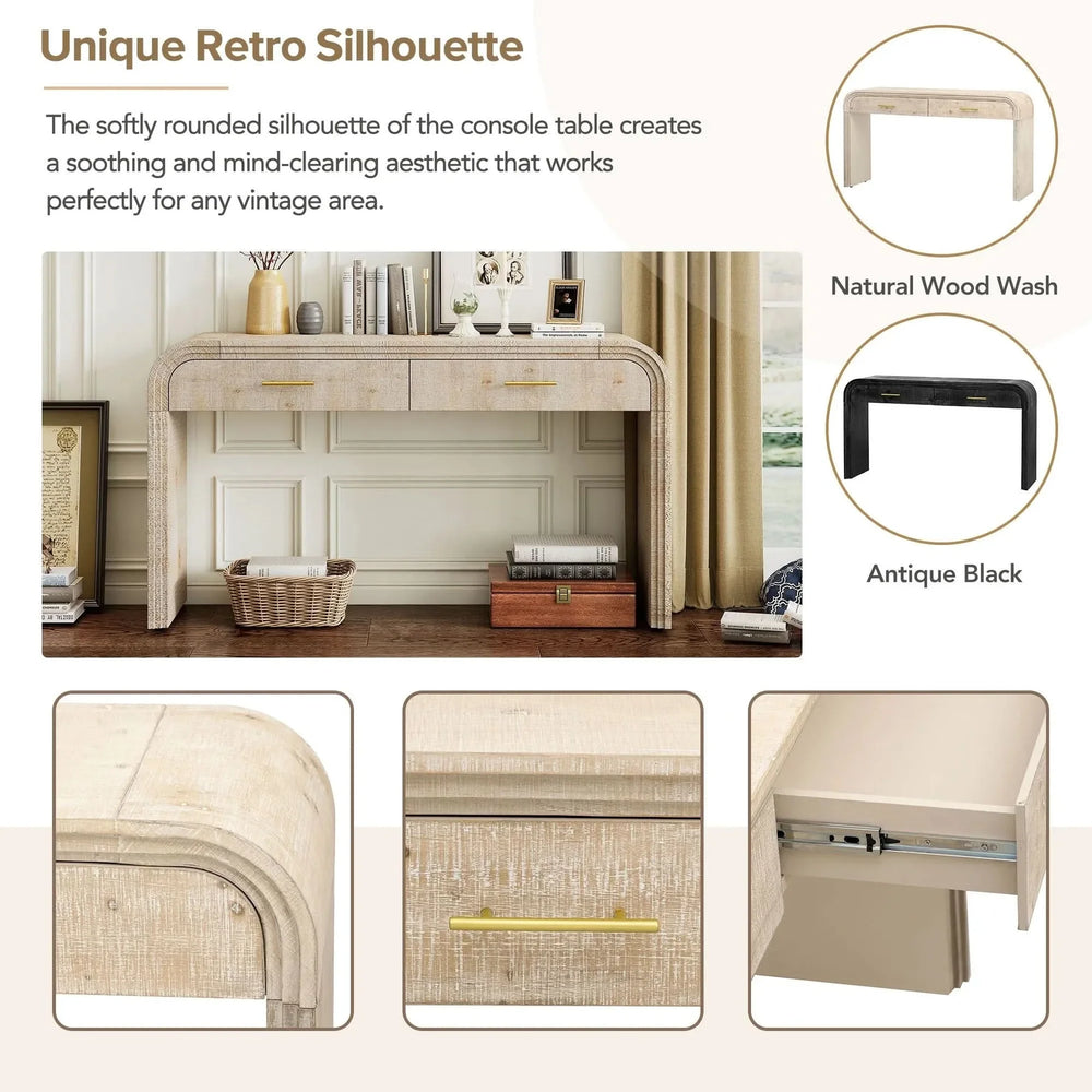 Console Table Natural Wood Finish Retro Silhouette With Two Drawers Media 6