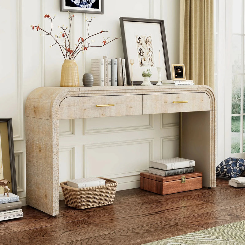 Console Table Natural Wood Finish Retro Silhouette With Two Drawers