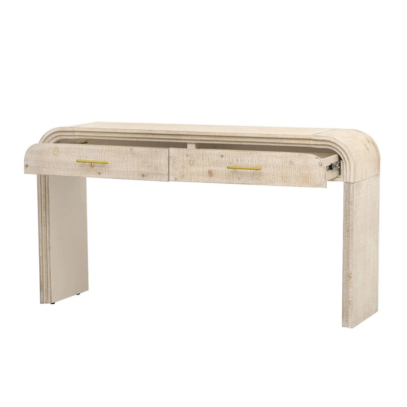 Console Table Natural Wood Finish Retro Silhouette With Two Drawers