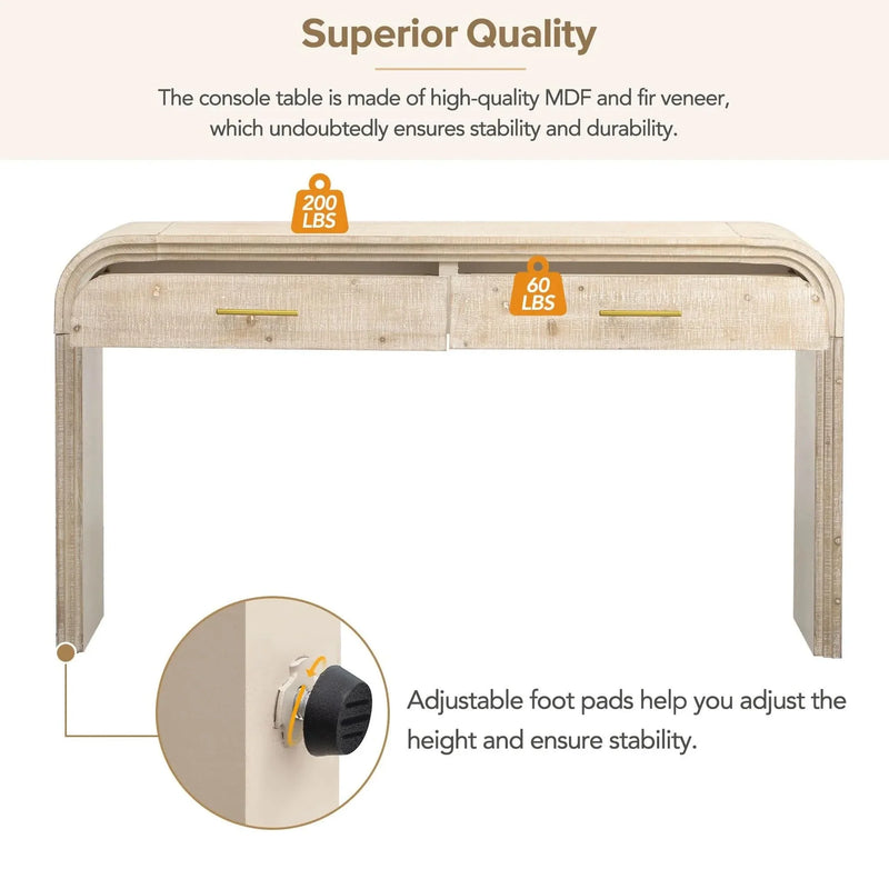 Console Table Natural Wood Finish Retro Silhouette With Two Drawers