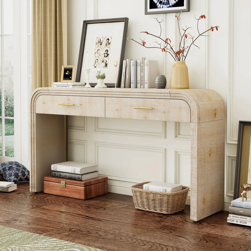 Console Table Natural Wood Finish Retro Silhouette With Two Drawers