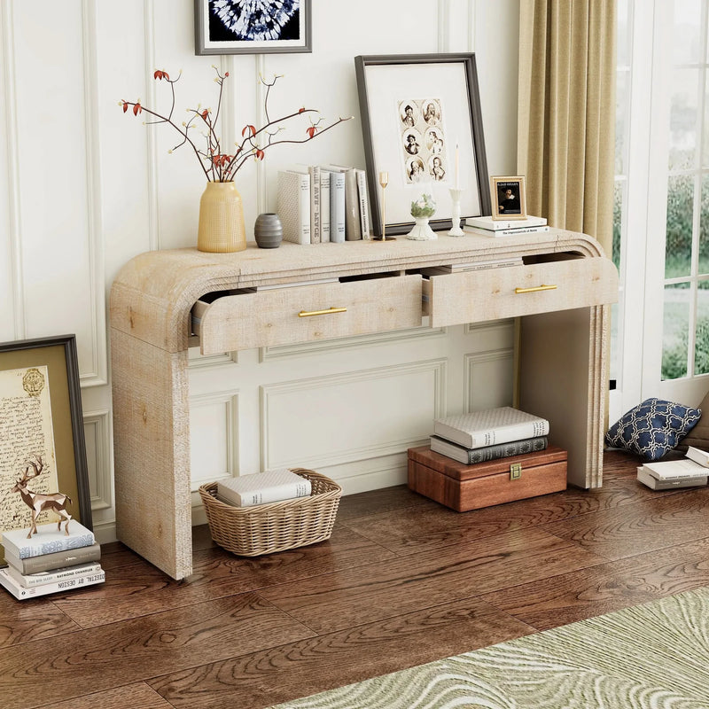 Console Table Natural Wood Finish Retro Silhouette With Two Drawers