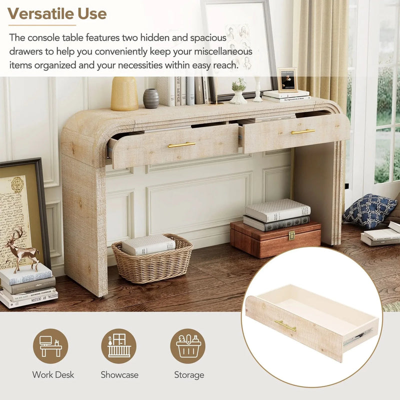 Console Table Natural Wood Finish Retro Silhouette With Two Drawers