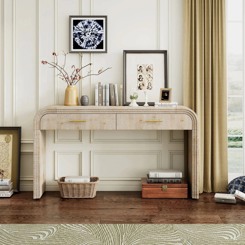 Console Table Natural Wood Finish Retro Silhouette With Two Drawers