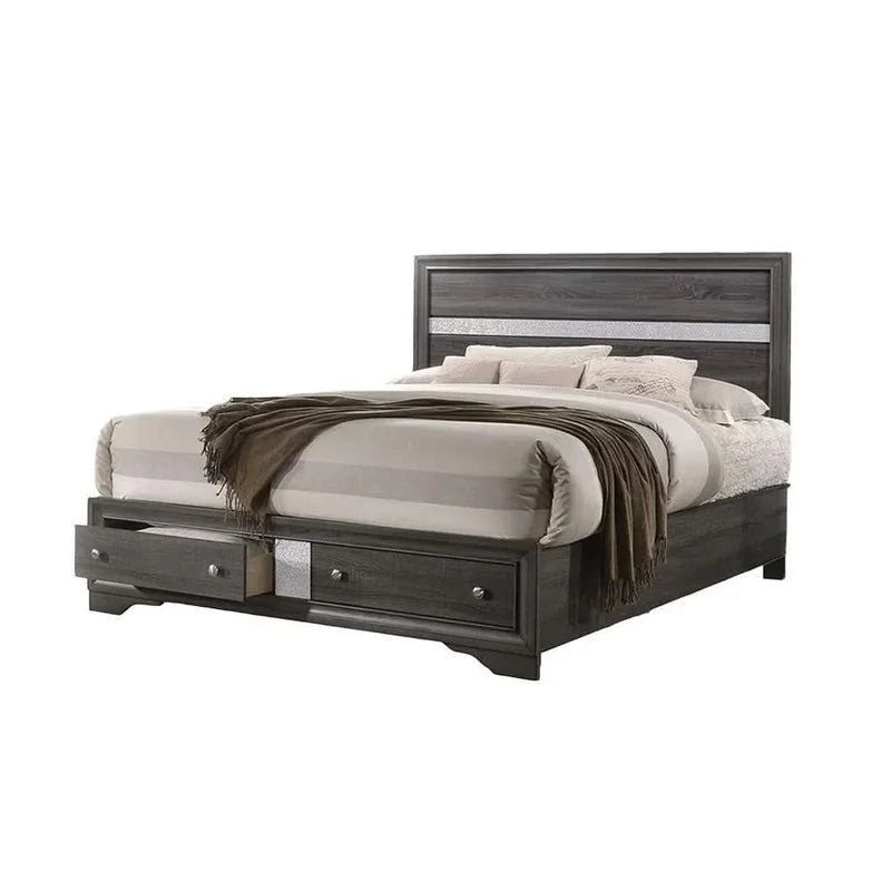 Full Size Bedroom Set Gray Wood Traditional Style Storage Drawers Nightstand