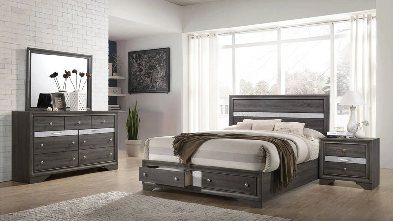 Full Size Bedroom Set Gray Wood Traditional Style Storage Drawers Nightstand